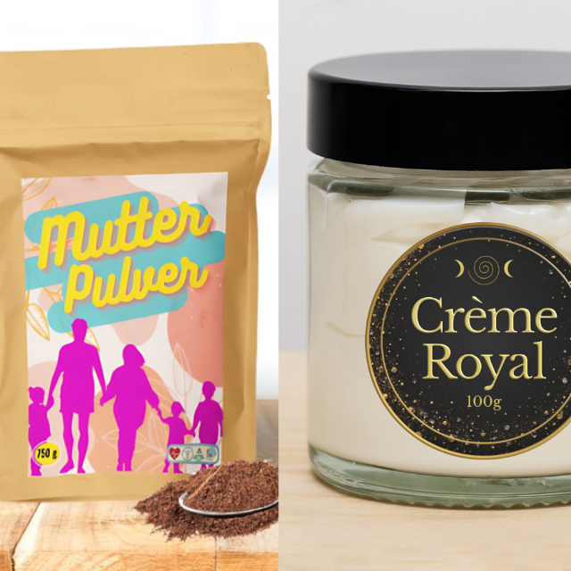Mutterpulver und Creme Royal Produktbild – Pflegeprodukte nebeneinander
