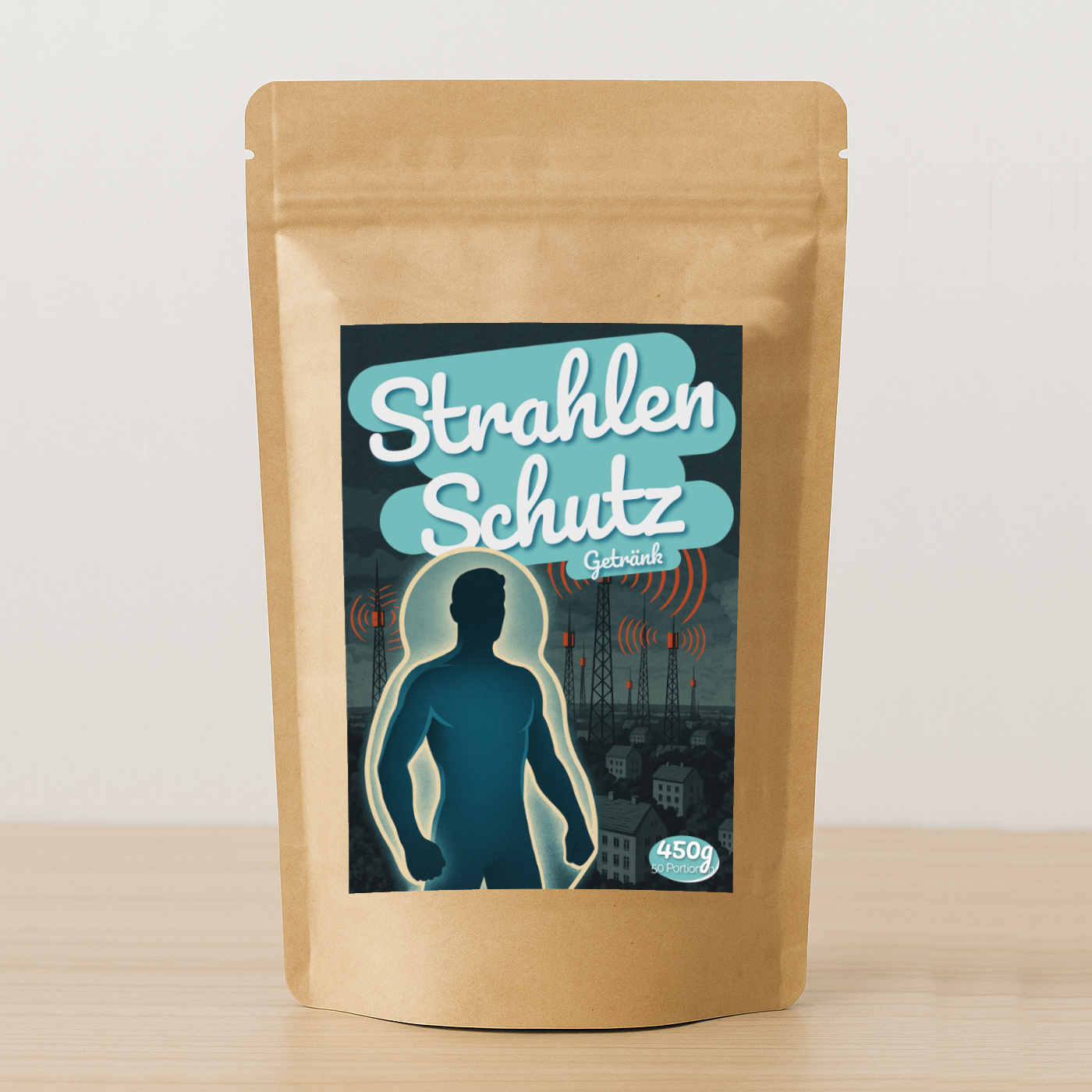 Produktbild des Strahlenschutzgetränks in Pulverform zur Zubereitung eines erfrischenden Getränks, das Leistungsfähigkeit, Sauerstoffaufnahme und Schutz vor Strahlung unterstützen kann.
